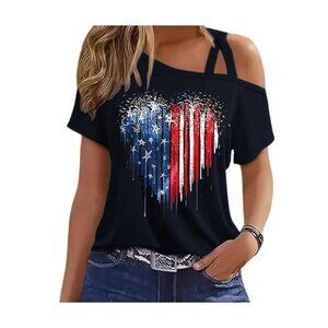 Womens Black Patriotic Heart Print Off the Shoulder Short Sleeve Top  Size:S-M-L